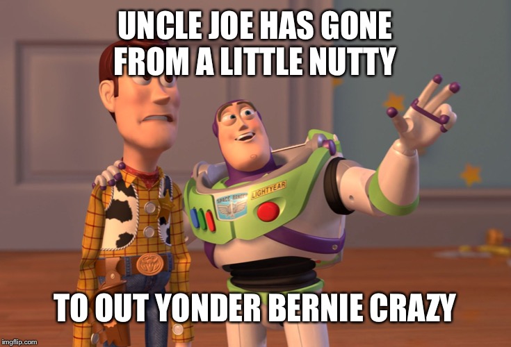 X, X Everywhere Meme | UNCLE JOE HAS GONE FROM A LITTLE NUTTY TO OUT YONDER BERNIE CRAZY | image tagged in memes,x x everywhere | made w/ Imgflip meme maker