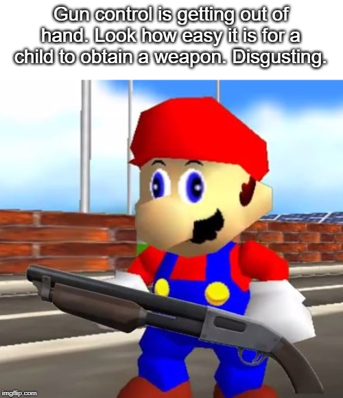 SMG4 Shotgun Mario | Gun control is getting out of hand. Look how easy it is for a child to obtain a weapon. Disgusting. | image tagged in smg4 shotgun mario | made w/ Imgflip meme maker