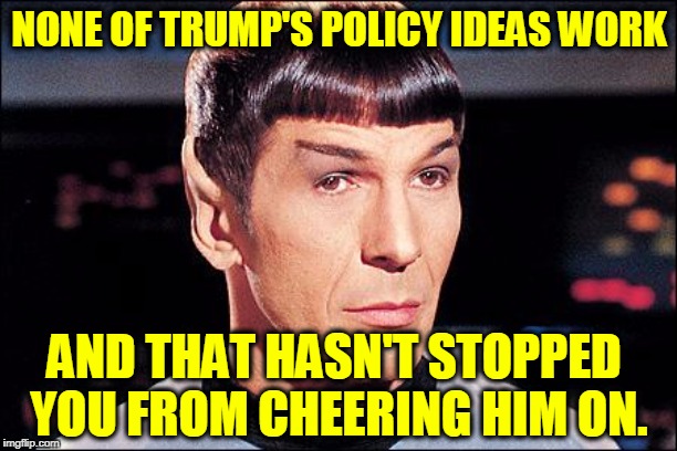 Condescending Spock | NONE OF TRUMP'S POLICY IDEAS WORK AND THAT HASN'T STOPPED 
YOU FROM CHEERING HIM ON. | image tagged in condescending spock | made w/ Imgflip meme maker