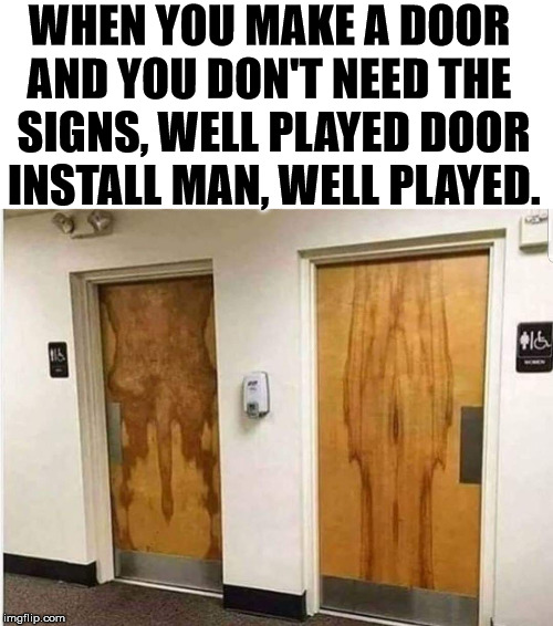 Wood Craftsmanship. | WHEN YOU MAKE A DOOR 
AND YOU DON'T NEED THE 
SIGNS, WELL PLAYED DOOR
INSTALL MAN, WELL PLAYED. | image tagged in building,wood,totally looks like | made w/ Imgflip meme maker