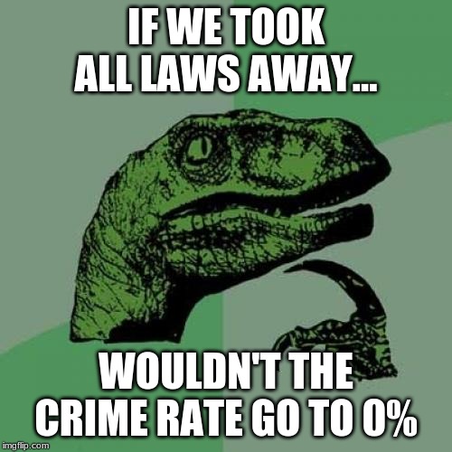 Philosoraptor | IF WE TOOK ALL LAWS AWAY... WOULDN'T THE CRIME RATE GO TO 0% | image tagged in memes,philosoraptor | made w/ Imgflip meme maker