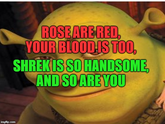 ROSE ARE RED,
YOUR BLOOD IS TOO, SHREK IS SO HANDSOME,
AND SO ARE YOU | made w/ Imgflip meme maker