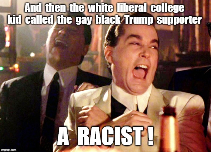Good Fellas Hilarious | And  then  the  white  liberal  college  kid  called  the  gay  black  Trump  supporter; A  RACIST ! | image tagged in memes,good fellas hilarious | made w/ Imgflip meme maker