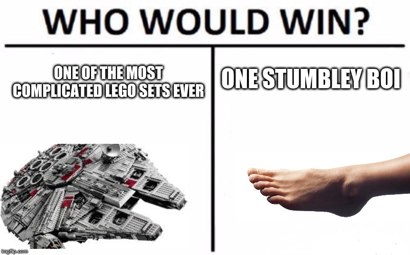 Who Would Win? Meme | ONE STUMBLEY BOI; ONE OF THE MOST COMPLICATED LEGO SETS EVER | image tagged in memes,who would win | made w/ Imgflip meme maker