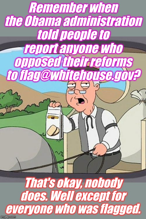 Pepperidge Farm Remembers | Remember when the Obama administration told people to report anyone who opposed their reforms to flag@whitehouse.gov? That's okay, nobody does. Well except for everyone who was flagged. | image tagged in memes,pepperidge farm remembers | made w/ Imgflip meme maker