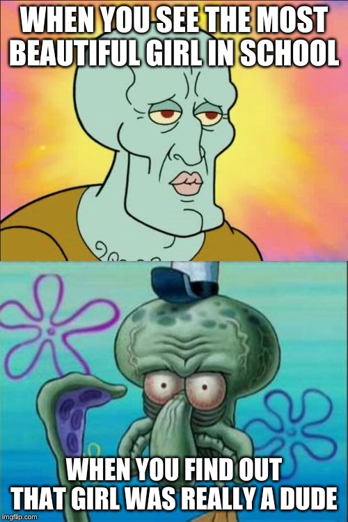 Squidward | WHEN YOU SEE THE MOST BEAUTIFUL GIRL IN SCHOOL; WHEN YOU FIND OUT THAT GIRL WAS REALLY A DUDE | image tagged in memes,squidward | made w/ Imgflip meme maker