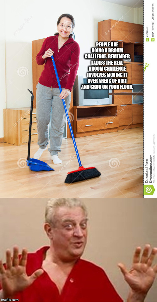 (Insert triggered feminist here)? | PEOPLE ARE DOING A BROOM CHALLENGE. REMEMBER LADIES THE REAL BROOM CHALLENGE INVOLVES MOVING IT OVER AREAS OF DIRT AND CRUD ON YOUR FLOOR. | image tagged in bad pun rodney dangerfield,housework,broom,jokes | made w/ Imgflip meme maker
