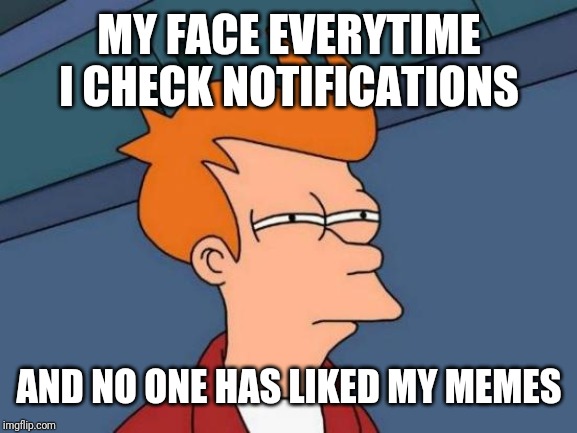 Futurama Fry | MY FACE EVERYTIME I CHECK NOTIFICATIONS; AND NO ONE HAS LIKED MY MEMES | image tagged in memes,futurama fry | made w/ Imgflip meme maker