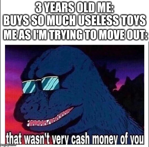 That wasn’t very cash money | 3 YEARS OLD ME: BUYS SO MUCH USELESS TOYS; ME AS I'M TRYING TO MOVE OUT: | image tagged in that wasnt very cash money | made w/ Imgflip meme maker
