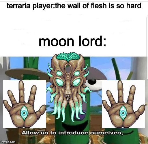 Allow us to introduce ourselves | terraria player:the wall of flesh is so hard; moon lord: | image tagged in allow us to introduce ourselves | made w/ Imgflip meme maker