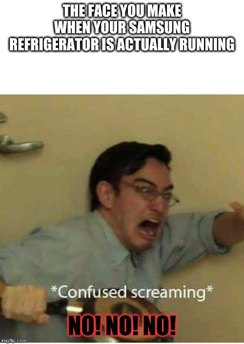 confused screaming | THE FACE YOU MAKE WHEN YOUR SAMSUNG REFRIGERATOR IS ACTUALLY RUNNING; NO! NO! NO! | image tagged in confused screaming | made w/ Imgflip meme maker