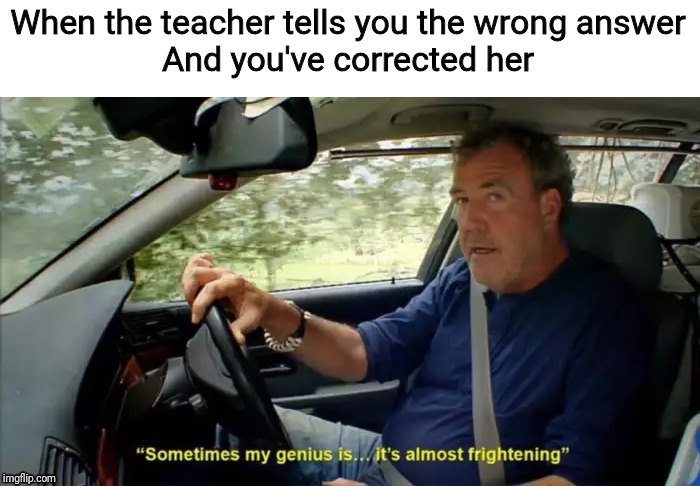 sometimes my genius is... it's almost frightening | When the teacher tells you the wrong answer
And you've corrected her | image tagged in sometimes my genius is it's almost frightening | made w/ Imgflip meme maker