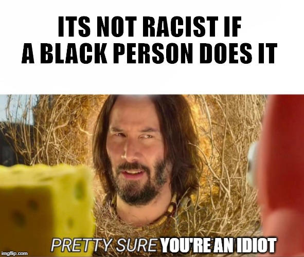 im pretty sure it doesnt | ITS NOT RACIST IF A BLACK PERSON DOES IT; YOU'RE AN IDIOT | image tagged in im pretty sure it doesnt | made w/ Imgflip meme maker