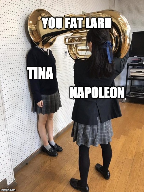 Girl Putting Tuba on Girl's Head | YOU FAT LARD; TINA; NAPOLEON | image tagged in girl putting tuba on girl's head | made w/ Imgflip meme maker