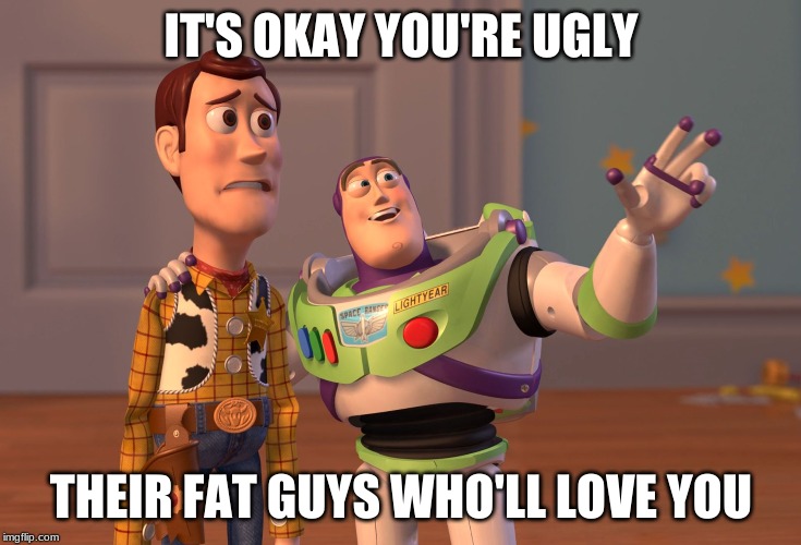 X, X Everywhere | IT'S OKAY YOU'RE UGLY; THEIR FAT GUYS WHO'LL LOVE YOU | image tagged in memes,x x everywhere | made w/ Imgflip meme maker