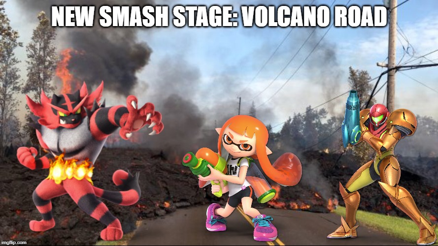 Watch out for lava folks | NEW SMASH STAGE: VOLCANO ROAD | image tagged in volcano,super smash bros,lava,stage | made w/ Imgflip meme maker