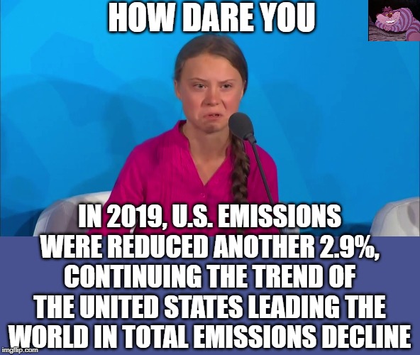 U.S. emissions are below 1990 levels. Since 2000 China has increased theirs by 105% and India by 240% | HOW DARE YOU; IN 2019, U.S. EMISSIONS WERE REDUCED ANOTHER 2.9%, CONTINUING THE TREND OF THE UNITED STATES LEADING THE WORLD IN TOTAL EMISSIONS DECLINE | image tagged in how dare you - greta thunberg | made w/ Imgflip meme maker