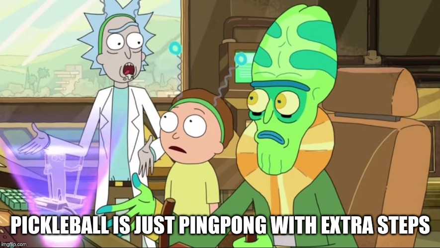 rick and morty-extra steps | PICKLEBALL IS JUST PINGPONG WITH EXTRA STEPS | image tagged in rick and morty-extra steps | made w/ Imgflip meme maker