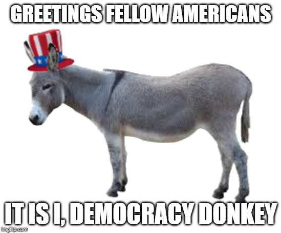 Democracy Donkey Part 2 | GREETINGS FELLOW AMERICANS; IT IS I, DEMOCRACY DONKEY | image tagged in donkey,democracy,democracy donkey | made w/ Imgflip meme maker