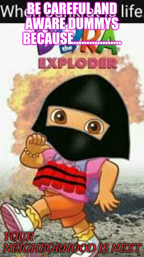 dora the exploder | BE CAREFUL AND AWARE DUMMYS BECAUSE.................. YOUR NEIGHBORHOOD IS NEXT | image tagged in lol so funny,hah,cash deal | made w/ Imgflip meme maker