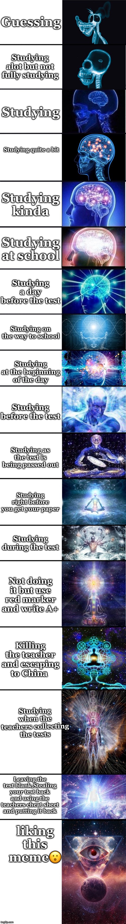 expanding brain: 9001 | Guessing; Studying alot but not fully studying; Studying; Studying quite a bit; Studying kinda; Studying at school; Studying a day before the test; Studying on the way to school; Studying at the beginning of the day; Studying before the test; Studying as the test is being passed out; Studying right before you get your paper; Studying during the test; Not doing it but use red marker and write A+; Killing the teacher and escaping to China; Studying when the teachers collecting the tests; liking this meme😮; Leaving the test blank,Stealing your test back and using the teachers cheat sheet and putting it back | image tagged in expanding brain 9001 | made w/ Imgflip meme maker