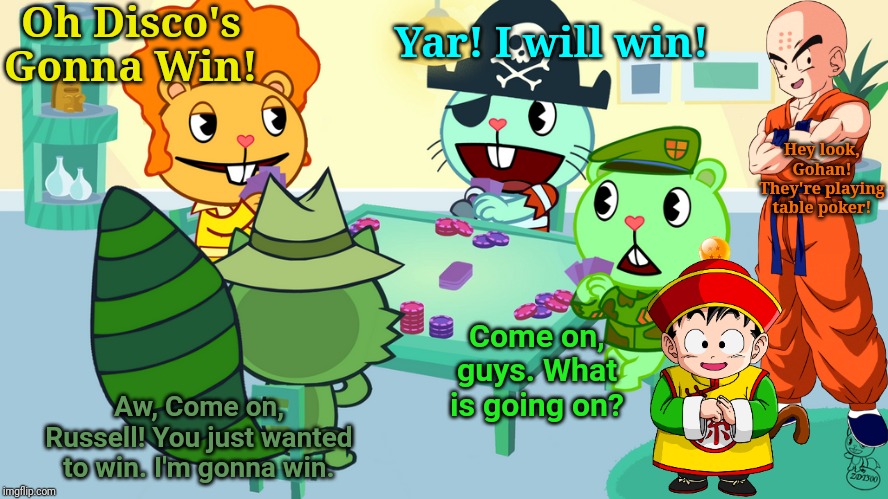 Boys Poker (HTF Crossover) | Oh Disco's Gonna Win! Yar! I will win! Hey look, Gohan! They're playing table poker! Come on, guys. What is going on? Aw, Come on, Russell! You just wanted to win. I'm gonna win. | image tagged in happy tree friends,animation,cartoon,poker,crossover | made w/ Imgflip meme maker