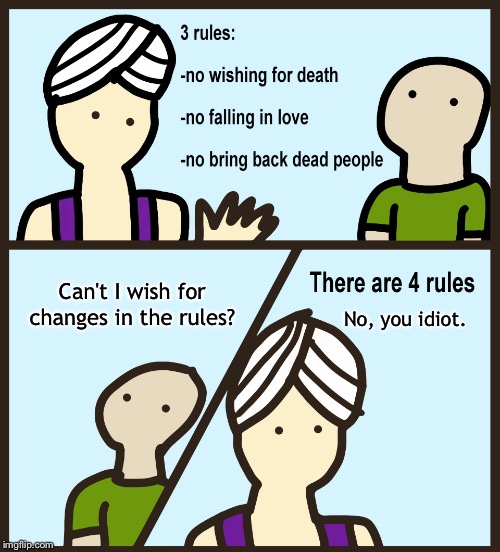 new rule | Can't I wish for changes in the rules? No, you idiot. | image tagged in genie rules meme | made w/ Imgflip meme maker