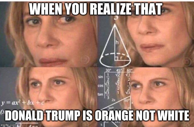 Math lady/Confused lady | WHEN YOU REALIZE THAT; DONALD TRUMP IS ORANGE NOT WHITE | image tagged in math lady/confused lady | made w/ Imgflip meme maker