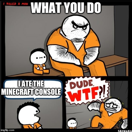 Srgrafo dude wtf | WHAT YOU DO; I ATE THE MINECRAFT CONSOLE | image tagged in srgrafo dude wtf | made w/ Imgflip meme maker