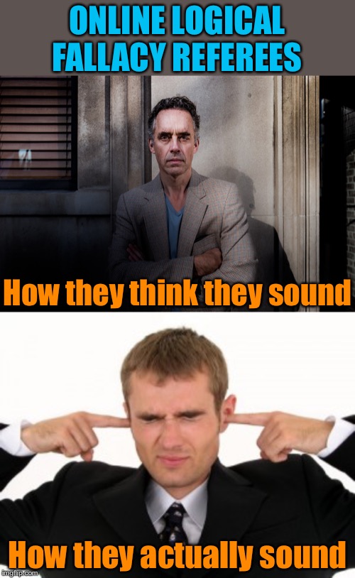 It’s more effective to offer your own perspective rather than constantly policing your opponents’ arguments. | ONLINE LOGICAL FALLACY REFEREES; How they think they sound; How they actually sound | image tagged in jordan peterson,hear no evil,logical fallacy referee,logical,debate,politics lol | made w/ Imgflip meme maker