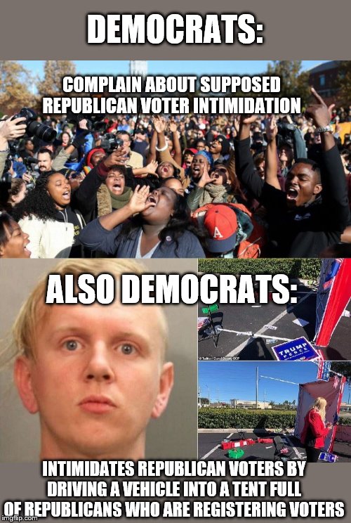 one more example of Democrats projecting their own bad behavior onto Republicans | DEMOCRATS:; COMPLAIN ABOUT SUPPOSED REPUBLICAN VOTER INTIMIDATION; ALSO DEMOCRATS:; INTIMIDATES REPUBLICAN VOTERS BY DRIVING A VEHICLE INTO A TENT FULL OF REPUBLICANS WHO ARE REGISTERING VOTERS | image tagged in mizzou missouri protesters,voter intimidation,democratic voter intimidation,democrats are hypocrites | made w/ Imgflip meme maker