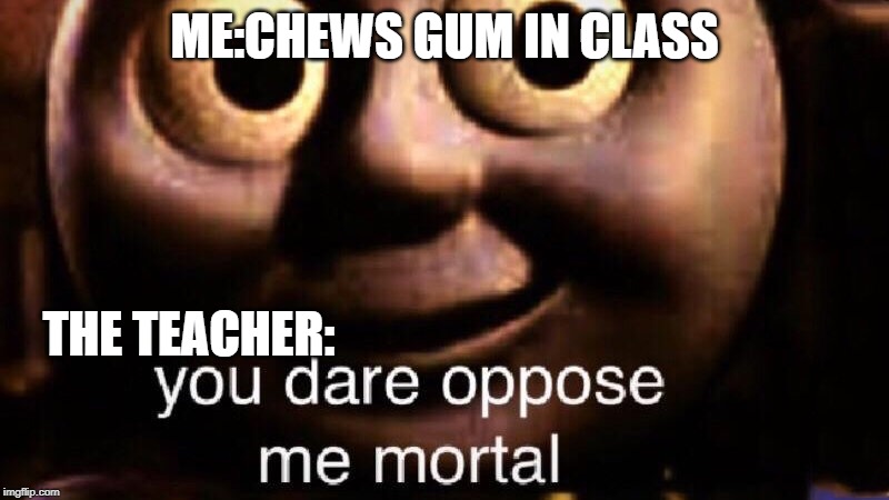 You dare oppose me mortal | ME:CHEWS GUM IN CLASS; THE TEACHER: | image tagged in you dare oppose me mortal | made w/ Imgflip meme maker