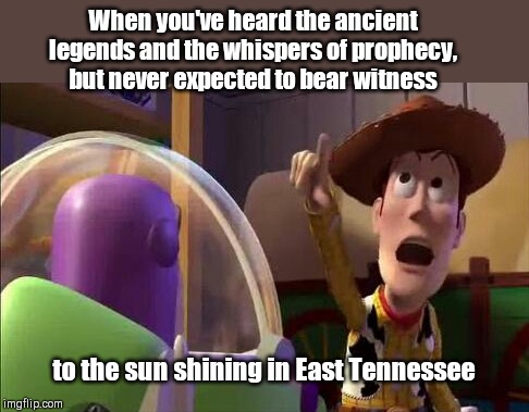 Rare celestial event | When you've heard the ancient legends and the whispers of prophecy, but never expected to bear witness; to the sun shining in East Tennessee | image tagged in woody points,celestial event,sunshine,east tennessee,rainy days,humor | made w/ Imgflip meme maker