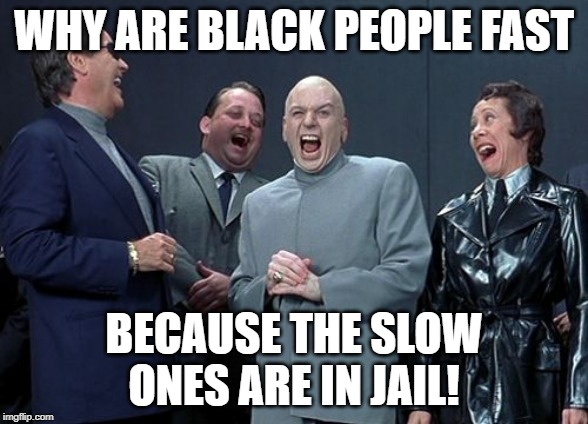 Anonymous | WHY ARE BLACK PEOPLE FAST; BECAUSE THE SLOW ONES ARE IN JAIL! | image tagged in memes,laughing villains,fun | made w/ Imgflip meme maker