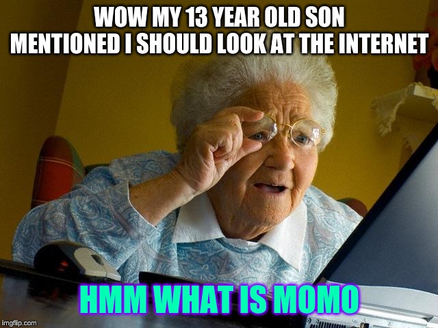 Grandma Finds The Internet | WOW MY 13 YEAR OLD SON MENTIONED I SHOULD LOOK AT THE INTERNET; HMM WHAT IS MOMO | image tagged in memes,grandma finds the internet | made w/ Imgflip meme maker