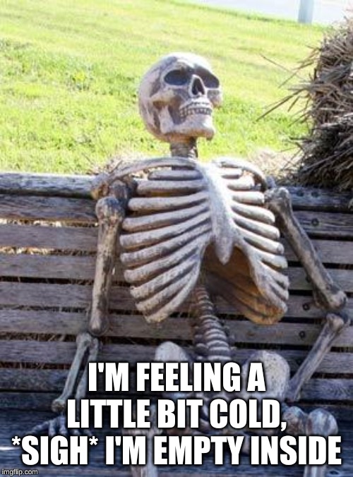 Waiting Skeleton | I'M FEELING A LITTLE BIT COLD, *SIGH* I'M EMPTY INSIDE | image tagged in memes,waiting skeleton | made w/ Imgflip meme maker