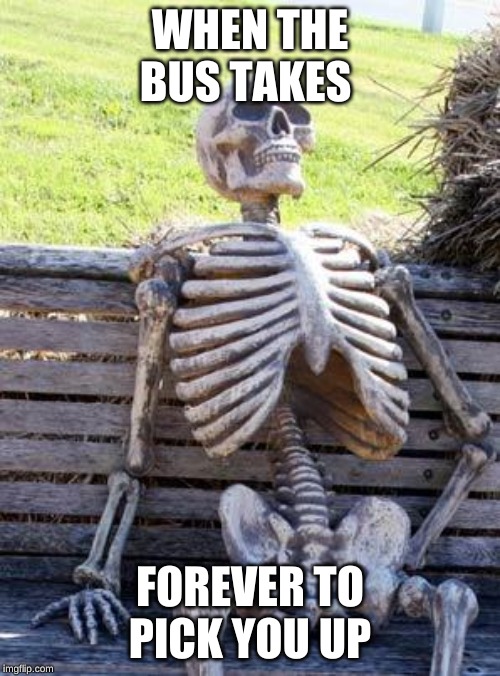 Waiting Skeleton Meme | WHEN THE BUS TAKES; FOREVER TO PICK YOU UP | image tagged in memes,waiting skeleton | made w/ Imgflip meme maker