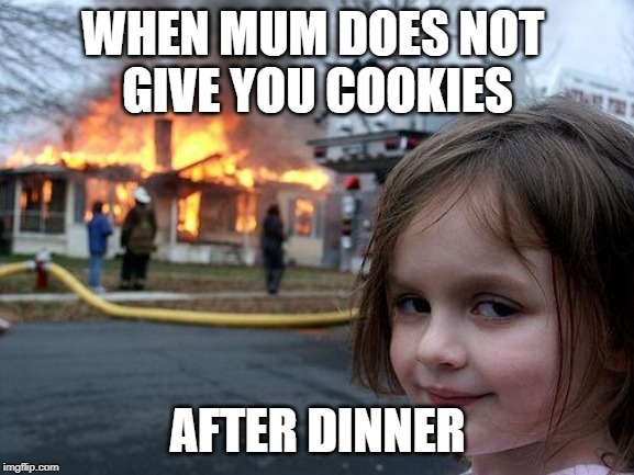 Disaster Girl Meme | WHEN MUM DOES NOT 
GIVE YOU COOKIES; AFTER DINNER | image tagged in memes,disaster girl | made w/ Imgflip meme maker