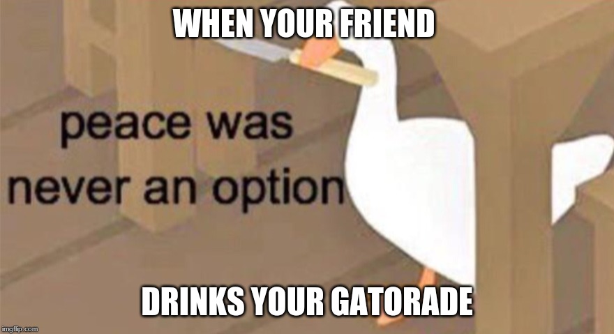 Untitled Goose Peace Was Never an Option | WHEN YOUR FRIEND; DRINKS YOUR GATORADE | image tagged in untitled goose peace was never an option | made w/ Imgflip meme maker