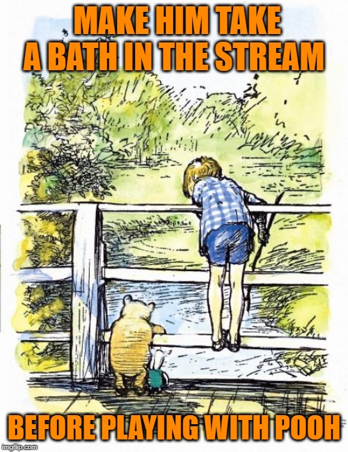 Pooh Sticks | MAKE HIM TAKE A BATH IN THE STREAM; BEFORE PLAYING WITH POOH | image tagged in pooh sticks | made w/ Imgflip meme maker