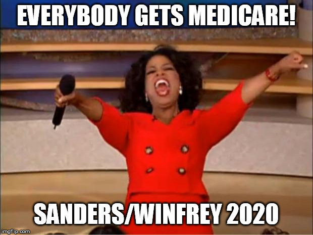 Oprah You Get A | EVERYBODY GETS MEDICARE! SANDERS/WINFREY 2020 | image tagged in memes,oprah you get a | made w/ Imgflip meme maker
