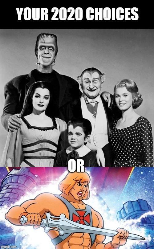 2020 Election: What you need to know | YOUR 2020 CHOICES; OR | image tagged in 2020,election,heman,munsters | made w/ Imgflip meme maker