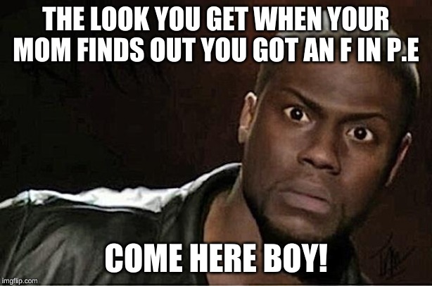 Kevin Hart | THE LOOK YOU GET WHEN YOUR MOM FINDS OUT YOU GOT AN F IN P.E; COME HERE BOY! | image tagged in memes,kevin hart | made w/ Imgflip meme maker