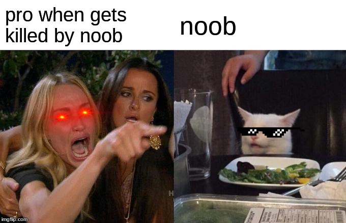 Woman Yelling At Cat Meme | pro when gets killed by noob; noob | image tagged in memes,woman yelling at cat | made w/ Imgflip meme maker