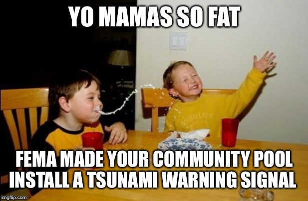 Yo Mamas So Fat Meme | YO MAMAS SO FAT; FEMA MADE YOUR COMMUNITY POOL INSTALL A TSUNAMI WARNING SIGNAL | image tagged in memes,yo mamas so fat | made w/ Imgflip meme maker