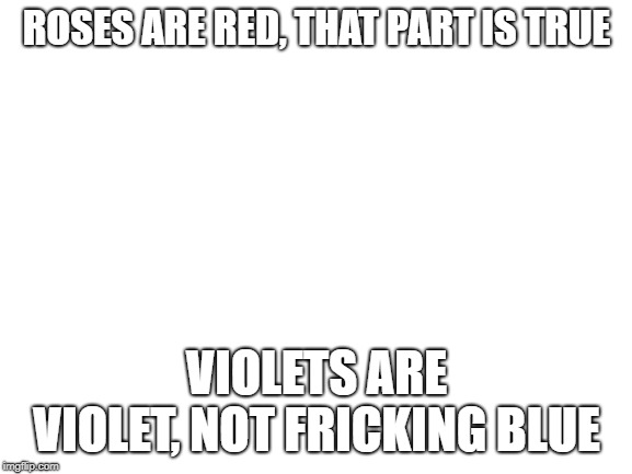 Blank White Template | ROSES ARE RED, THAT PART IS TRUE; VIOLETS ARE VIOLET, NOT FRICKING BLUE | image tagged in blank white template | made w/ Imgflip meme maker