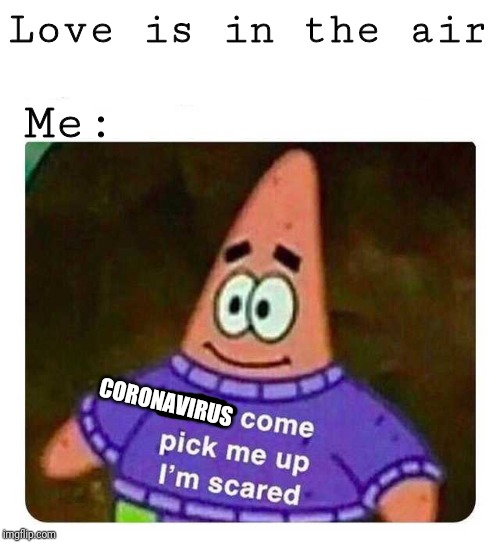 Patrick Mom come pick me up I'm scared | Love is in the air; Me:; CORONAVIRUS | image tagged in patrick mom come pick me up i'm scared | made w/ Imgflip meme maker