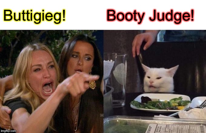 Woman Yelling At Cat Meme | Buttigieg! Booty Judge! | image tagged in memes,woman yelling at cat | made w/ Imgflip meme maker