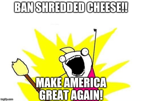 X All The Y Meme | BAN SHREDDED CHEESE!! MAKE AMERICA GREAT AGAIN! | image tagged in memes,x all the y | made w/ Imgflip meme maker