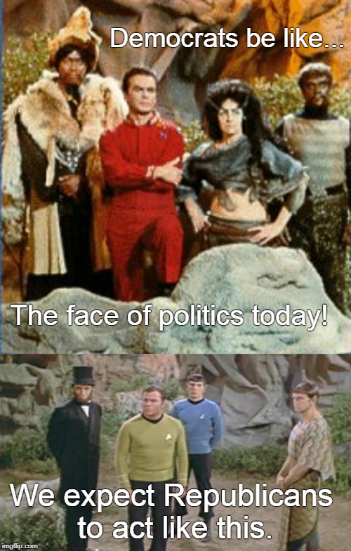 The Savage Curtain. | Democrats be like... The face of politics today! We expect Republicans 
to act like this. | image tagged in kirk,surak,spok,lincoln | made w/ Imgflip meme maker